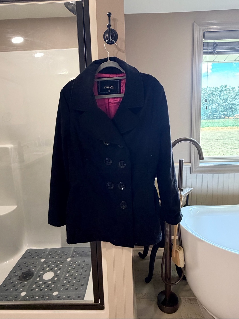Black Pea Coat with Pink Lining